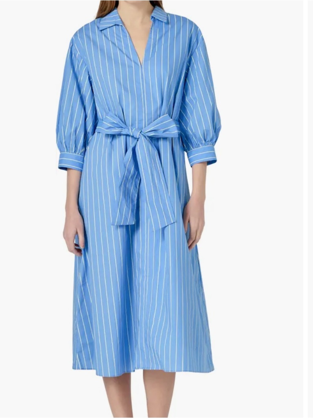 English Factory Blue and White Striped Tie-Waist Midi Shirt Dress